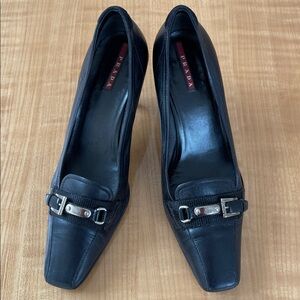 Prada Women’s Black Leather Heels with Buckle Detail Size 37 (7 US)